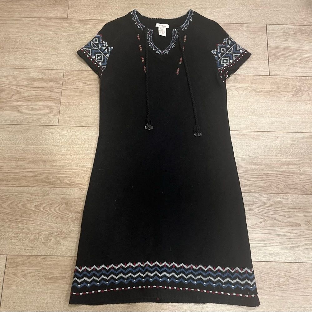 Sundance Black Embroidered Lapland Lambswool Nordic Sweater Dress Size XS